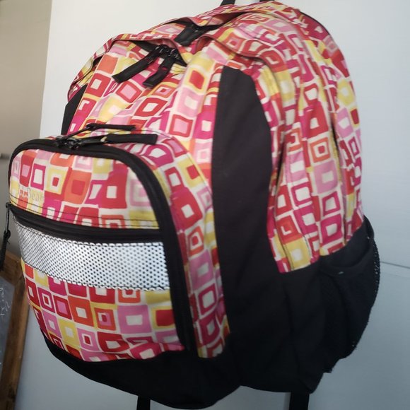 LL BEAN abstract design Backpack pink red yellow white black reflective strip + - Picture 7 of 11